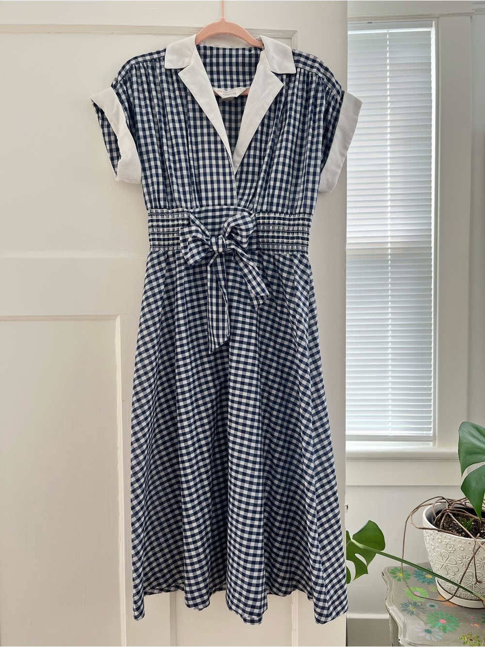 Vintage JC Penny Navy Gingham Belted Shirt Dress with White Trim